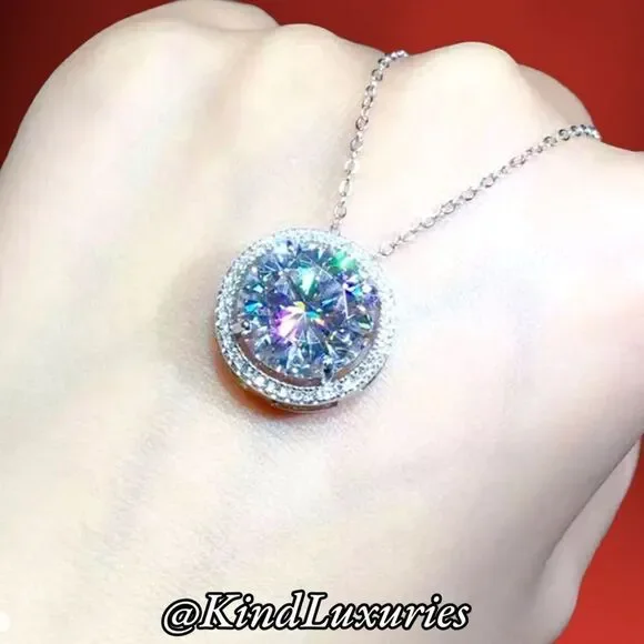 💎277💎 5ct Diamond Moissanite Halo Pendant Necklace 14K White Gold + Sterling